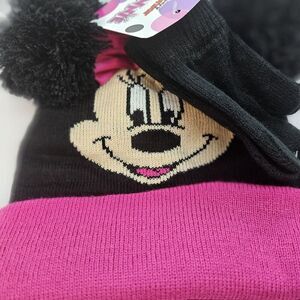 Disney Minnie Mouse Beanie Black & Pink pom-pom Mouse Ears Pink Bow Toddler Kids